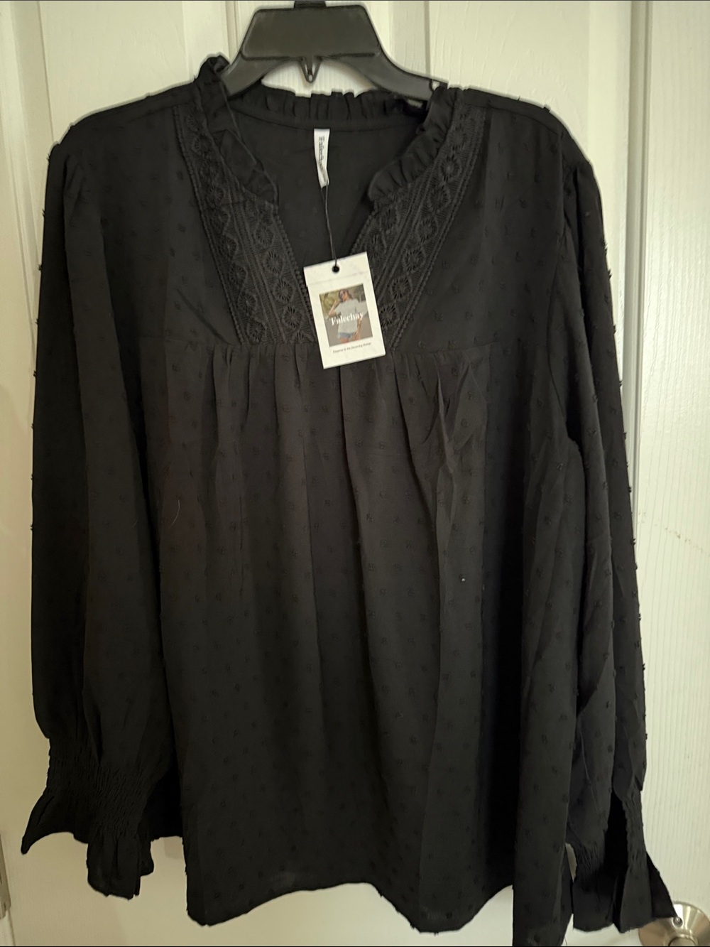 Black Swiss Dot V-Neck Peasant Tunic